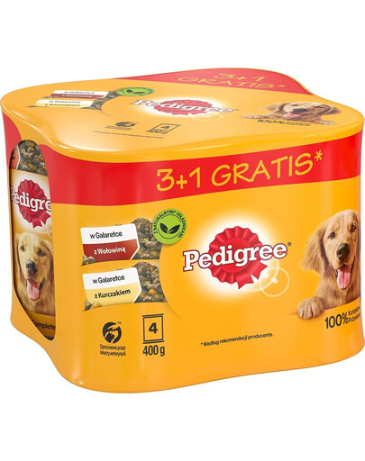 PEDIGREE Adult 3+1 konzerva 4x400 g v želé kuřecí a hovězí maso