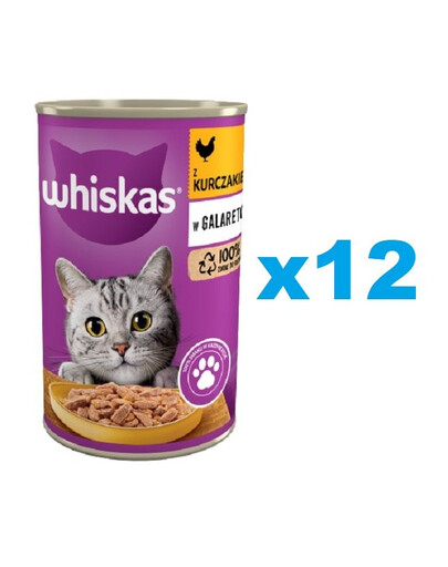 WHISKAS Adult konzerva 12x400 g kompletní mokré krmivo pro dospělé kočky, kousky s kuřecím masem v želé