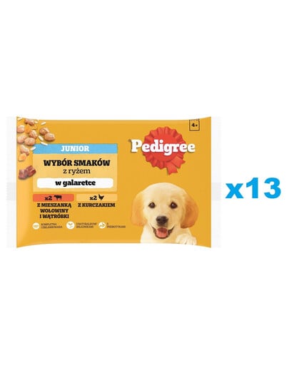 PEDIGREE Junior Výběr příchutí s rýží kapsičky 52x100g mokré krmivo pro štěňata v želé s kuřecím a hovězím masem