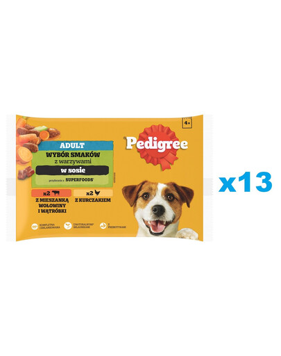 PEDIGREE Výběr příchutí se zeleninou v omáčce 52x100g mokrého krmiva pro psy kousky bohaté na kuřecí maso a bohaté na směs hovězího a jater