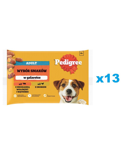 PEDIGREE Adult Výběr příchutí 52x100g mokré krmivo pro dospělé psy v želé, kousky bohaté na směs hovězího a jater a kousky bohaté na drůbež
