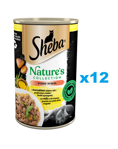 SHEBA 12x400 g konzerva Nature's Collection kompletní mokré krmivo pro dospělé kočky s kuřecím a rybím olejem s oblohou ze sladkých brambor a zelených fazolek v omáčce