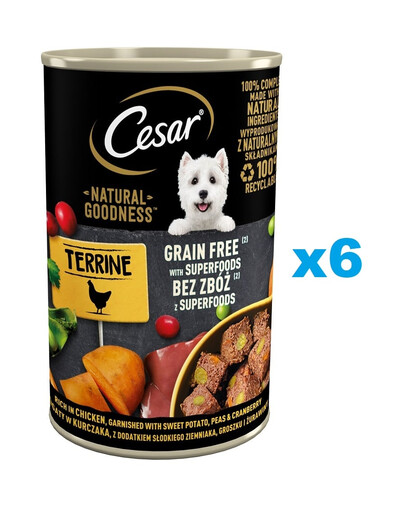 CESAR Natural Goodness v konzervě 6x400g bohaté na kuřecí maso s batáty, hráškem a brusinkami