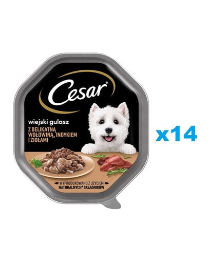 CESAR tác 14x150 g kompletní mokré krmivo pro dospělé psy v omáčce s jemným hovězím, krůtím masem a bylinkami