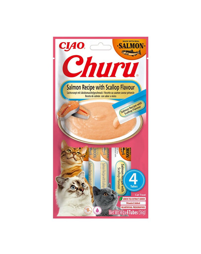 INABA Churu Cat Salmon with Scallop 4x14g krémová pochoutka pro kočky s příchutí lososa a mušlí