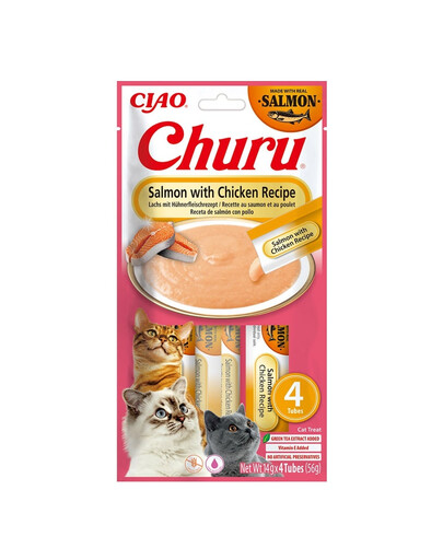 INABA Churu Cat Salmon with Chicken 4x14g krémová pochoutka pro kočky s příchutí lososa a kuřete