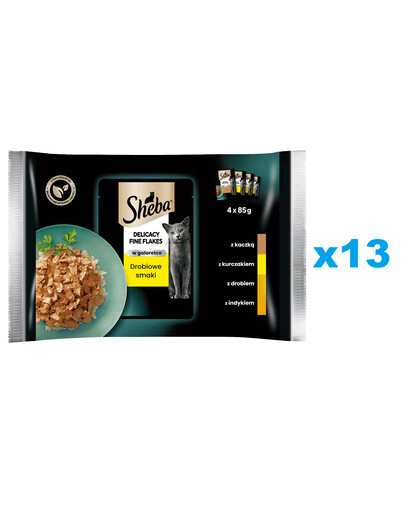SHEBA Delicacy Fine Flakes Drůbeží Smaki sáčky 52x85 g kompletní krmivo pro dospělé kočky v kouscích želé s: kachna, kuřecí maso, drůbež, krůta