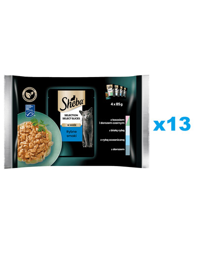 SHEBA Selection Select Slices Rybí Smaki 52x85g kompletní krmivo pro kočky v omáčce, kousky s lososem a černou treskou, bílé ryby, mořské ryby, treska
