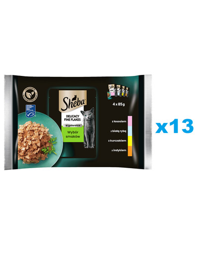 SHEBA Delicacy Fine Flakes výběr příchutí sáčky 52x85 g kompletní krmivo pro dospělé kočky v kouscích želé s: lososem, bílou rybou, kuřecím masem, krůtím masem
