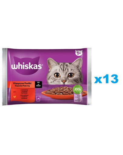 WHISKAS Adult sáček 52 × 85 g Klasické pokrmy mokré krmivo pro dospělé kočky v omáčce s: hovězím masem, kuřecím masem