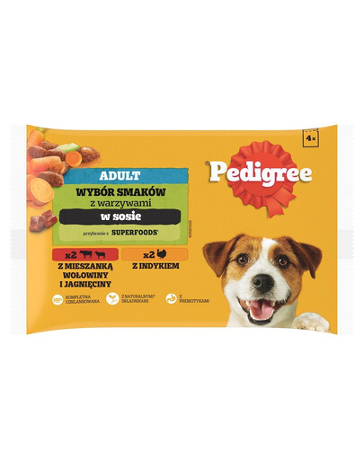 PEDIGREEVýběr příchutí v omáčce 4x100g hovězí a jehněčí, krůtí a mrkev