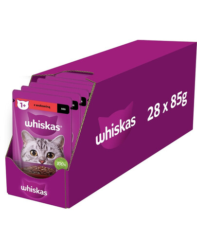 WHISKAS sáček pro dospělé kočky 28x85g mokré krmivo v omáčce s hovězím masem