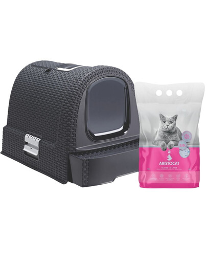 CURVER Toaleta pro kočky černá + ARISTOCAT PREMIUM silikonový kočkolit 3.8 l bez vůně