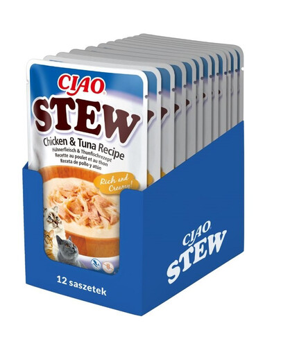 INABA CIAO Stew Pokrm z kuřecího masa a tuňáka pro kočky 40 g x 12