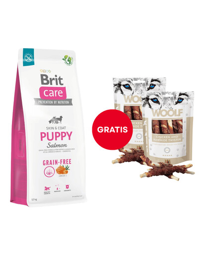 BRIT Care Grain-free Puppy suché krmivo s lososem 12 kg + WOOLF Chicken And Rawhide Twister 2 x 100 g sušená kůže obalená kuřecím masem ZDARMA