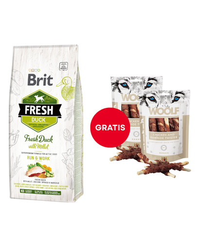 BRIT Fresh Duck with Millet Active Run & Work 12 kg + WOOLF Chicken And Rawhide Twister 2 x 100 g sušená kůže obalená kuřecím masem ZDARMA