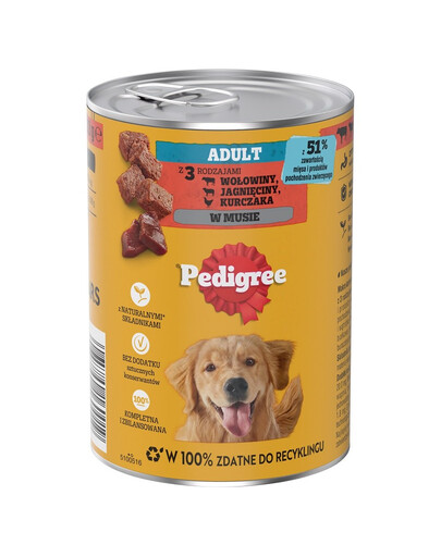 PEDIGREE Adult 400 g konzerva pro dospělé psy se 3 druhy: hovězím, jehněčím a kuřecím, v paštice