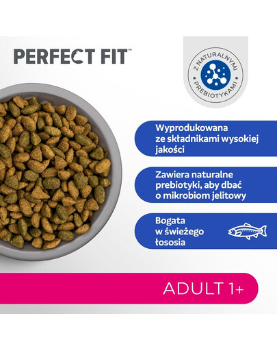 PERFECT FIT Adult 1+ 7 kg sucha karma pełnoporcjowa dla dorosłych kotów bogata w świeżego łososia