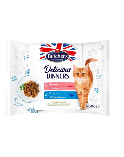 BUTCHER'S Delicious Dinners Želé kousky pro dospělé kočky 4x100g s lososem, se pstruhem