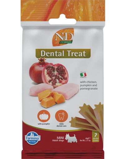 FARMINA N&D Pumpkin Dental Treat Chicken Pomegranate Mini 60 g (7 ks) dentální pamlsek pro psy malých plemen