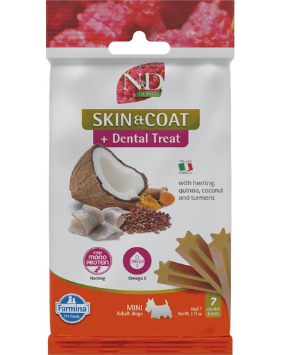 FARMINA N&D Quinoa Dental Treat Skin Coat Herring Mini 60 g (7 ks) dentální pamlsek pro psy malých plemen