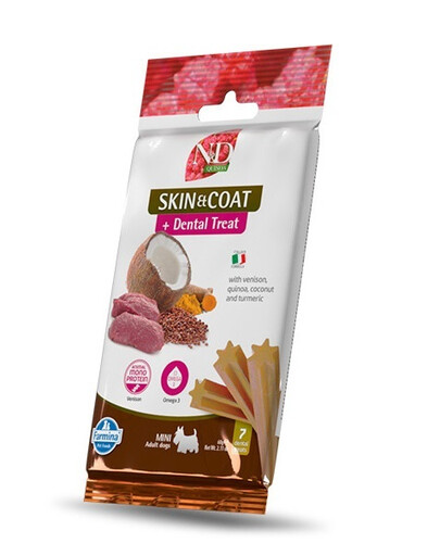 FARMINA N&D Quinoa Dental Treat Skin Coat Venison Mini 60 g (7 ks) dentální pamlsek pro psy malých plemen