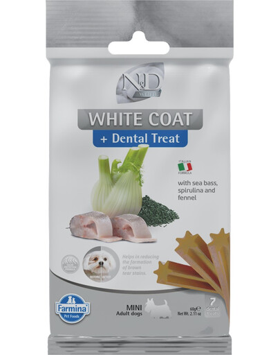 FARMINA N&D White Dental Treat Coat Sea bass Mini 60 g (7 ks) dentální pamlsek pro psy malých plemen
