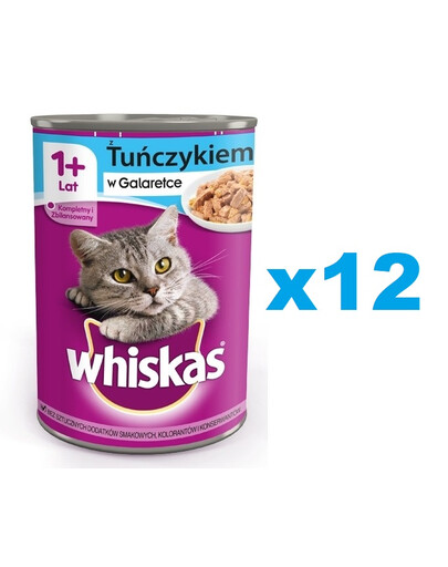 WHISKAS Adult konzerva 12x400 g kompletní mokré krmivo pro dospělé kočky, kousky s tuňákem v želé