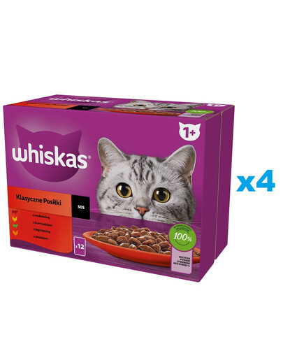 WHISKAS kapsička pro dospělé kočky 48x85g Classic Meals mokré krmivo pro kočky v omáčce, kousky s hovězím, kuřecím, jehněčím, drůbežím masem