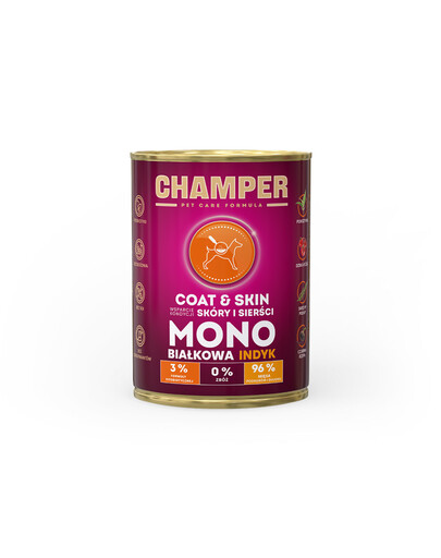 CHAMPER Coat Skin Krůtí monoproteinové krmivo pro psy 400 g