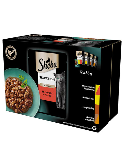 SHEBA Selection in Sauce Juicy Flavors kapsička - krmivo pro kočky v omáčce (s hovězím, jehněčím, kuřecím, krůtím) 12x85g