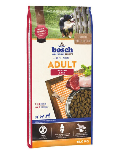 BOSCH Adult jehněčí s rýží 15 kg + králičí ucho MACED 2 ks