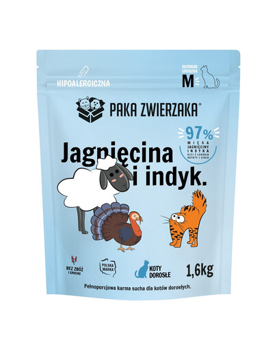 PAKA ZWIERZAKA Suché krmivo jehněčí a krůtí pro kočky M 1,6 kg