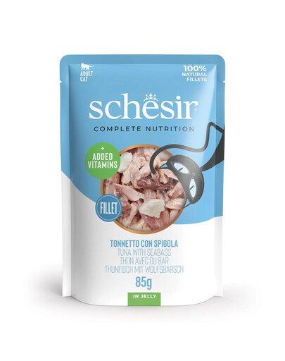 SCHESIR Jelly Adult Tuňák a mořský okoun v želé pro kočky 85 g