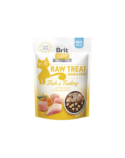 Care Raw Treat Freeze Dried Hair Skin Cat 40 g przysmak liofilizowany Ryba i indyk z probiotykami dla kota