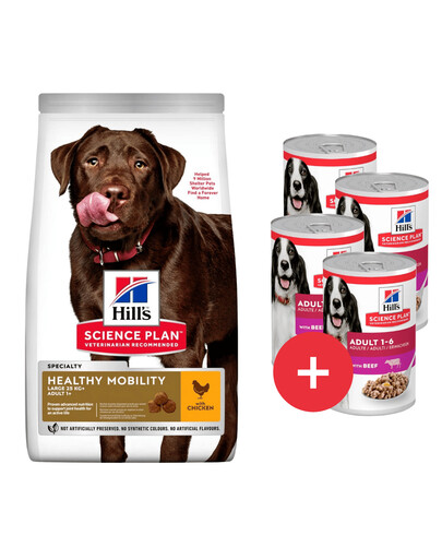 HILL'S Science Plan Canine Adult Healthy Mobility Large Breed Chicken 14 kg krmivo pro psy velkých plemen podpora kloubů s kuřecím masem + 4 konzervy ZDARMA