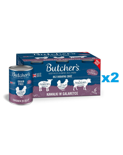 BUTCHER'S Original Recipe in jelly Mix chutí s játry nebo ledvinami 2x6x400 g kousků v želé s hovězím, jehněčím a kuřecím masem pro psy