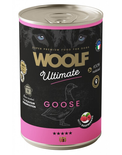 WOOLF Ultimate Adult Dog Goose and Raspberries 400g vlhká krmiva s husím masem a malinami pro psy