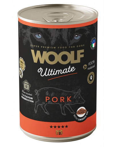 WOOLF Ultimate Adult Dog Pork and Linseed Oil 400g mokré krmivo s vepřovým masem a lněným olejem pro psy