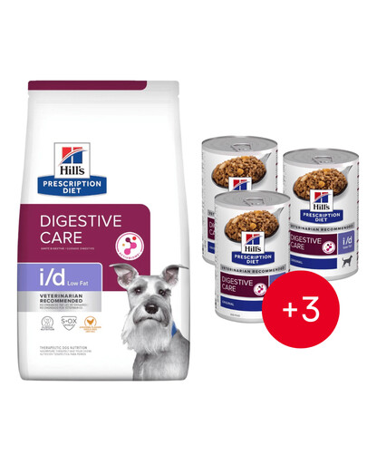 HILL'S Prescription Diet Digestive Care i/d ActivBiome Canine Low Fat kuře 12 kg pro psy s citlivým trávicím ústrojím + 3 konzervy ZDARMA