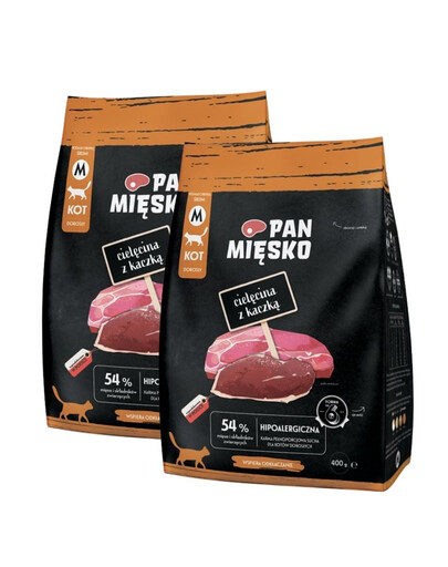 PAN MIĘSKO Telecí s kachnou pro kočky brambůrky M 2x400 g