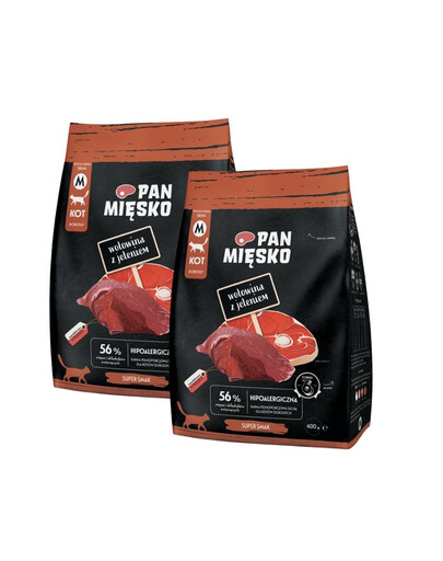 PAN MIĘSKO hovězí s jelenem pro kočky, křupky M 2x400 g