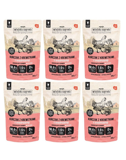 WIEJSKA ZAGRODA Superfoods Kuřecí s krevetami a kozlíkem pro kočky 6x100 g