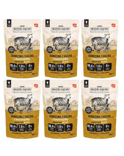 WIEJSKA ZAGRODA Superfoods Jehněčí s kachnou a kozlíkem mokrá krmiva pro kočky 6x100 g