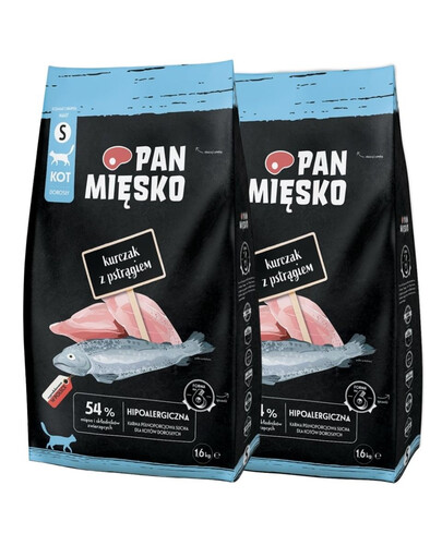 PAN MIĘSKO kuřecí s pstruhem pro kočky, křupky S 2x1,6 kg