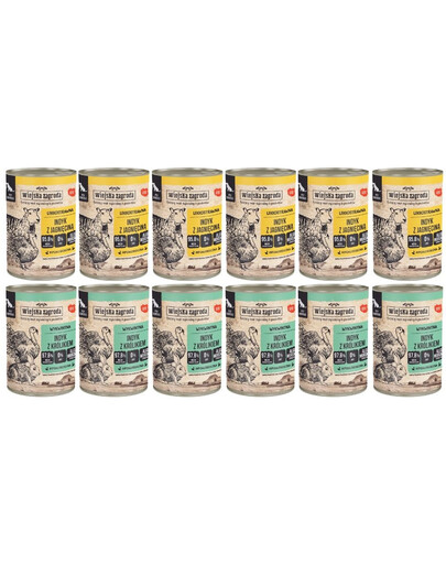 WIEJSKA ZAGRODA Mix chutí Krůta s jehněčím a Krůta s králíkem 12x400 g pro psy