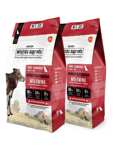 WIEJSKA ZAGRODA Monoproteinové hovězí chipsy pro psy M/L 2x6 kg