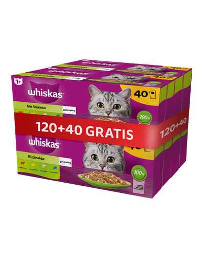 WHISKAS Adult 120x85g mokré krmivo pro kočky v želé s příchutí ryb a tradičních příchutí (s kuřecím masem, lososem, hovězím masem a tuňákem) + 40 sáčků ZDARMA