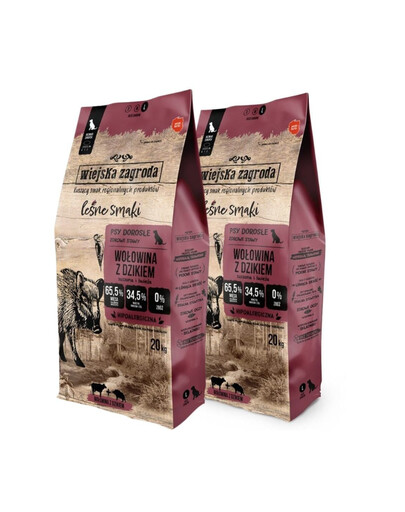 WIEJSKA ZAGRODA Hovězí s křupavým masem z divočáka lesní příchutě L 2x20 kg granule pro dospělé psy