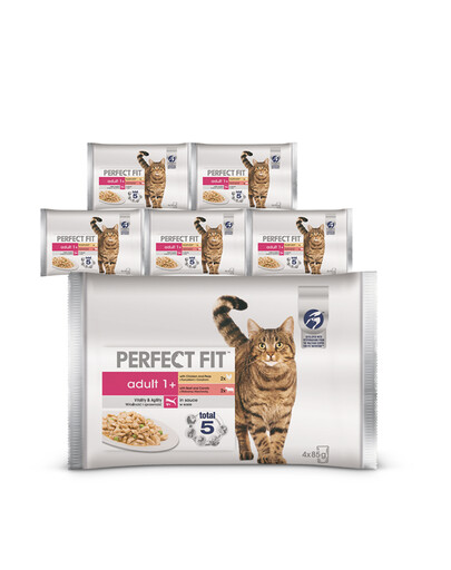 PERFECT FIT Adult kapsičky 24x85g - krmivo pro kočky v omáčce (s kuřecím masem a hráškem, s hovězím masem a mrkví)